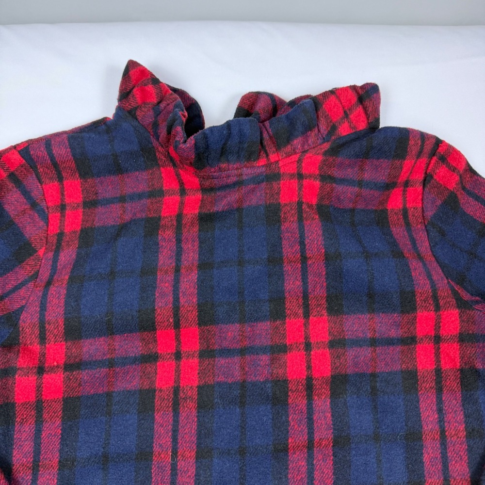 Unbranded Plaid Shift Dress Womens Medium Red Navy Ruffle Neck Back Tie Festive - Picture 5 of 7